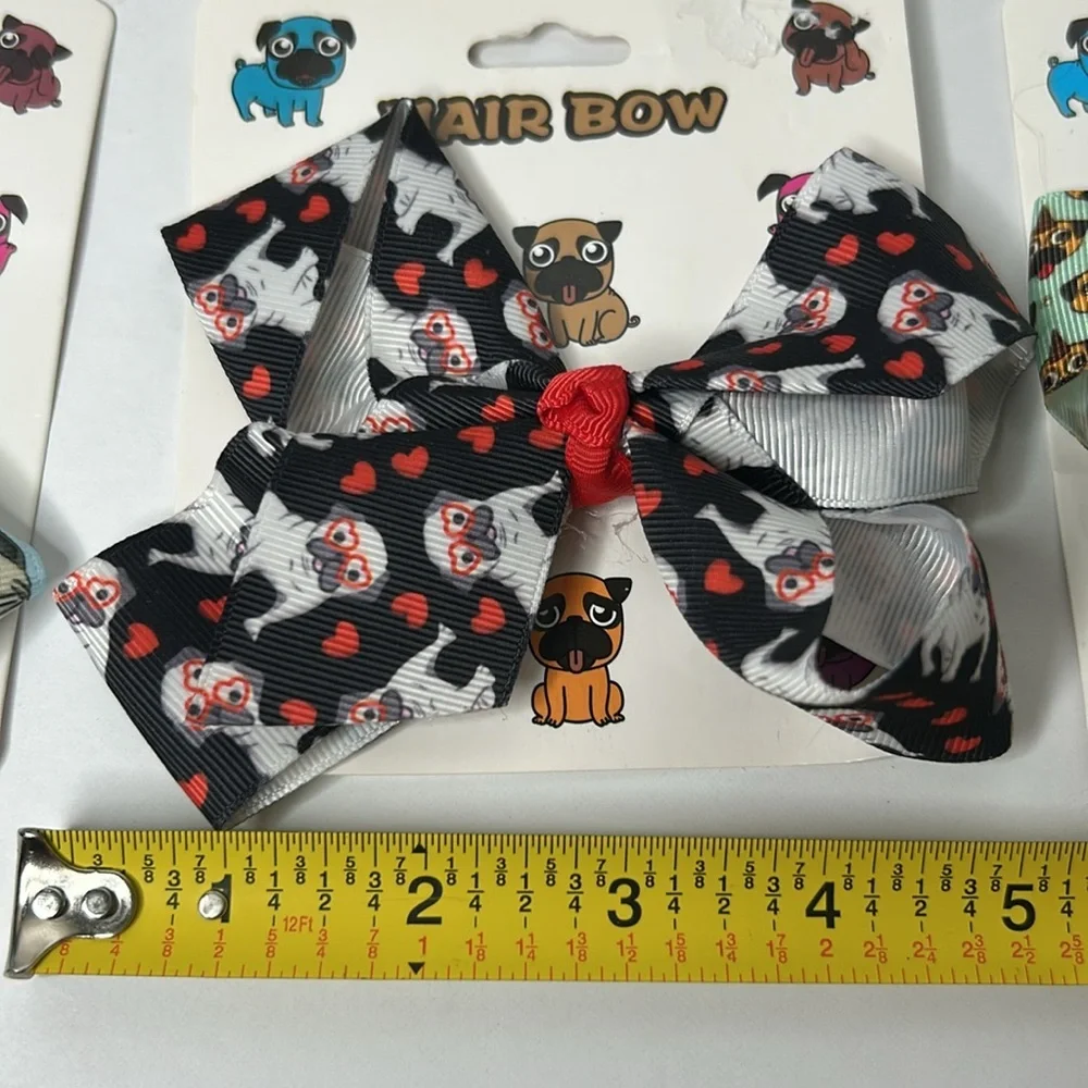PUG Dogs Grosgrain All Over Print Bundle of 3 Adorable Hair Bows‎ Super Cute NWT